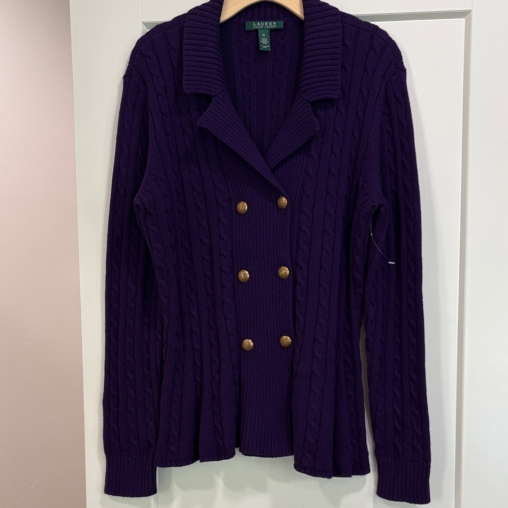 Ralph Lauren Dark Purple 100% Cotton Double Breasted Cardigan—New!! BEAUTIFUL! L
